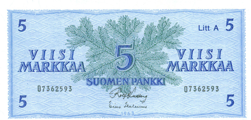 5 Markkaa 1963 Litt.A O7362593 kl.7